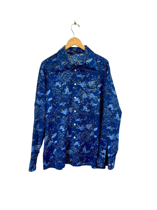 1970s Midnight Blue Wildflower Print Poly Knit LS Shirt
