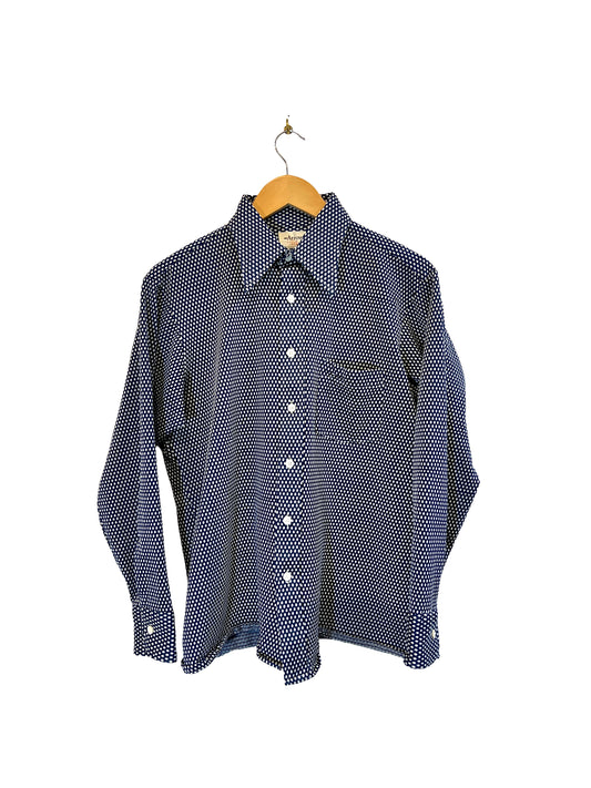 1970s Navy White Polka Dot Poly Knit LS Shirt
