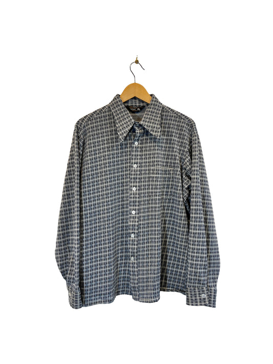 1970s Navy White Plaid Poly Knit LS Shirt