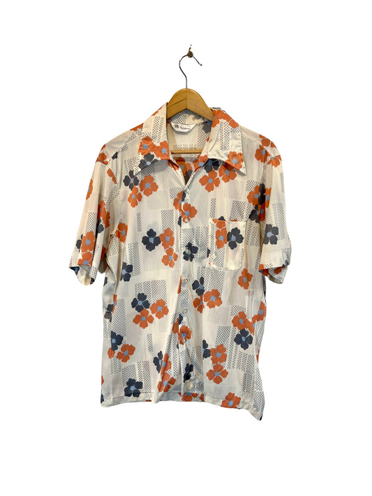 1970s White Salmon Blue Posey Print Nylon Knit SS Shirt