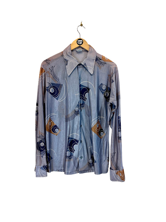 1970s Silver Blue Deco Geo Print Nylon Knit Leisure Shirt