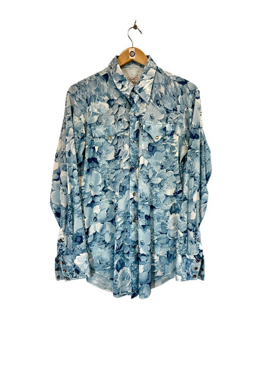 1970s Blue White Hazy Floral Nylon Knit Snap Western Shirt