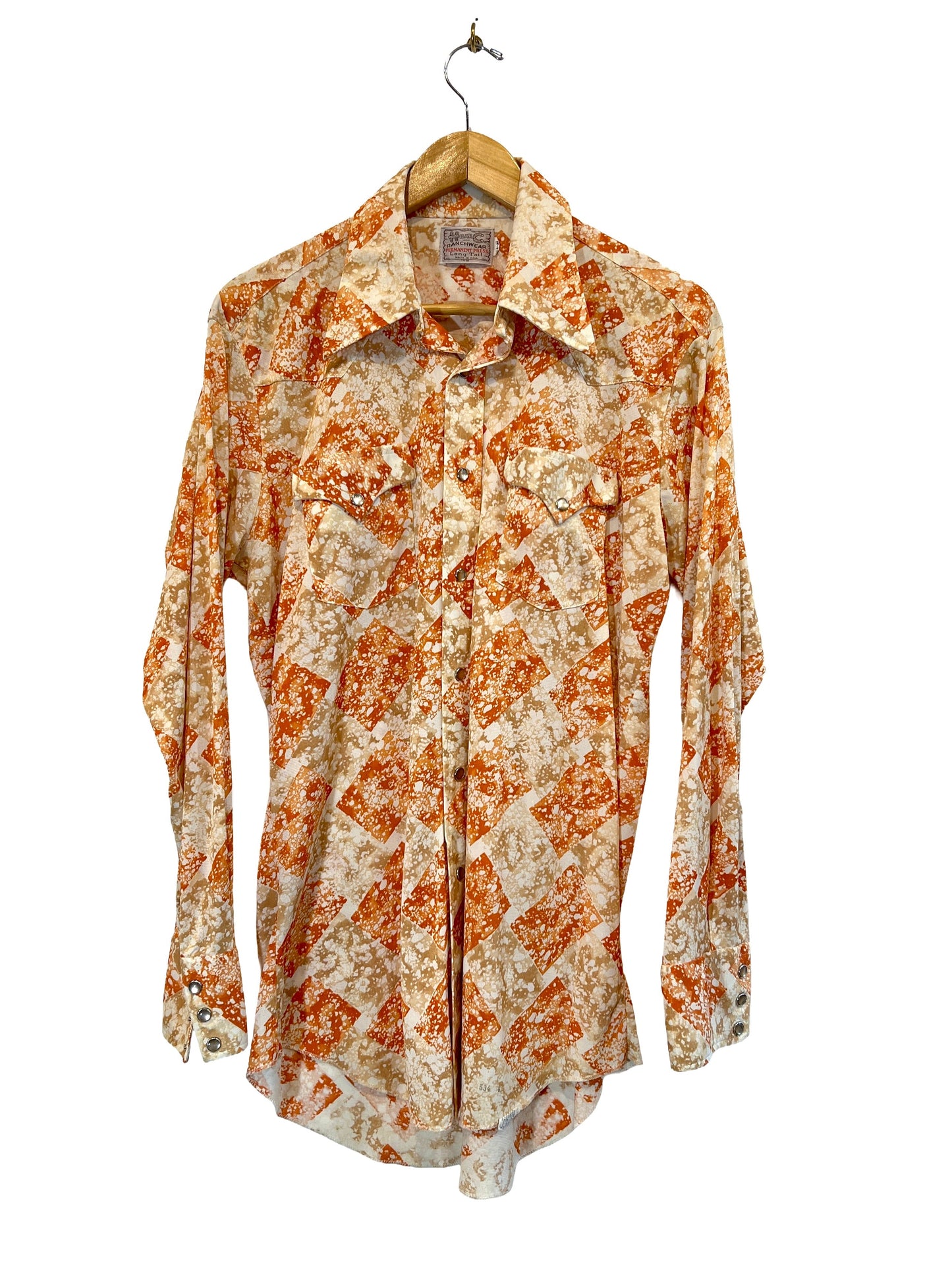 1970s Orange White Splatter Check Nylon Knit Snap Western Shirt