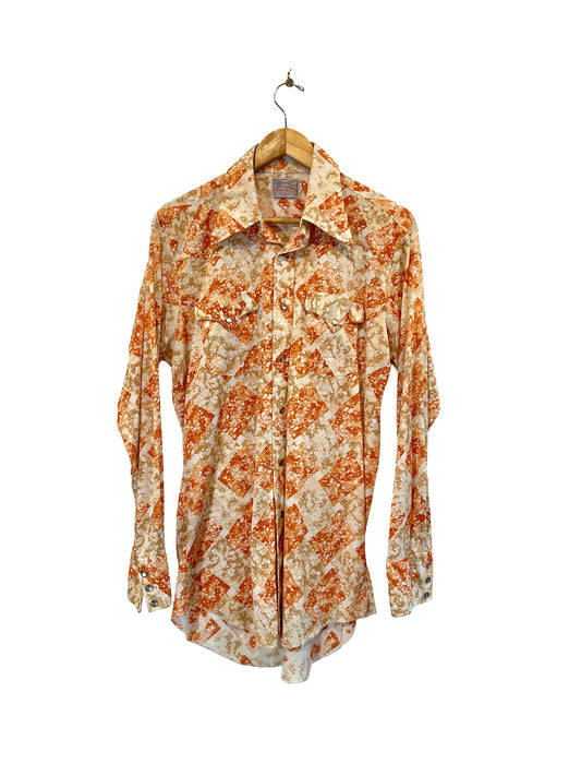 1970s Orange White Splatter Check Nylon Knit Snap Western Shirt