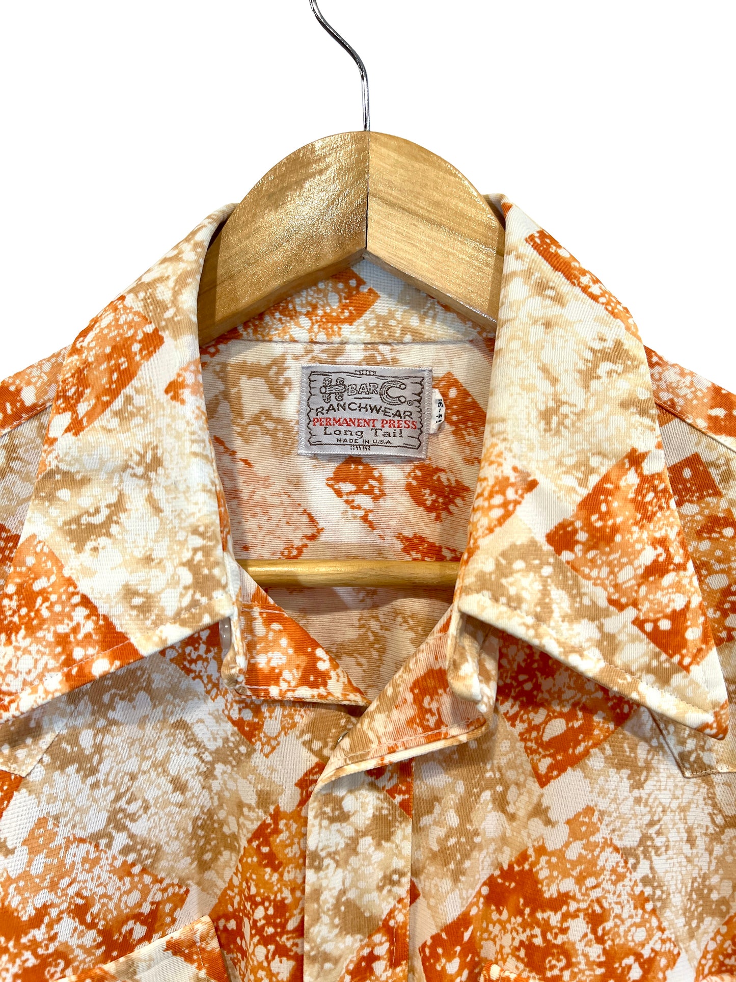 1970s Orange White Splatter Check Nylon Knit Snap Western Shirt