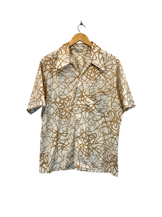 1970s White Tan Scribble Print Poly Knit SS Shirt