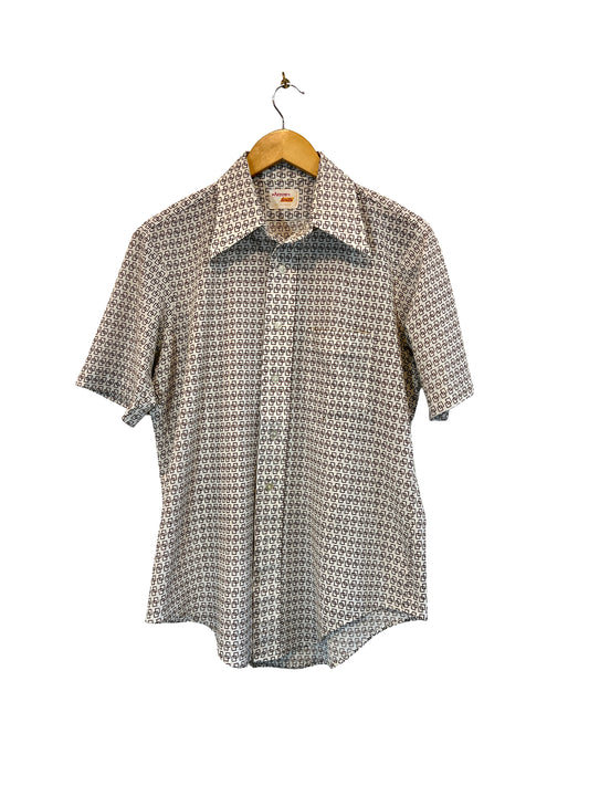 1970s White Brown Squares Print Poly Knit SS Shirt