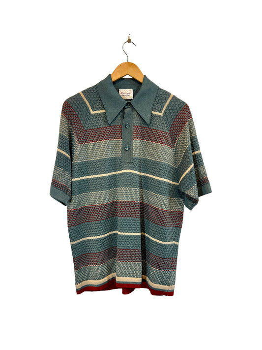 1970s Celadon Brick Red Textured Stripe Poly Knit Leisure Polo Shirt
