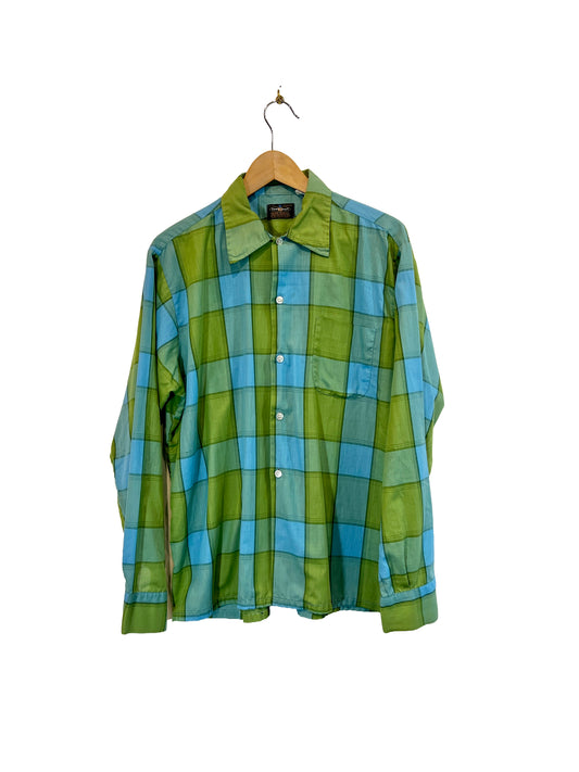 1960s Green Blue Broad Check Cotton Weave Camp Shirt