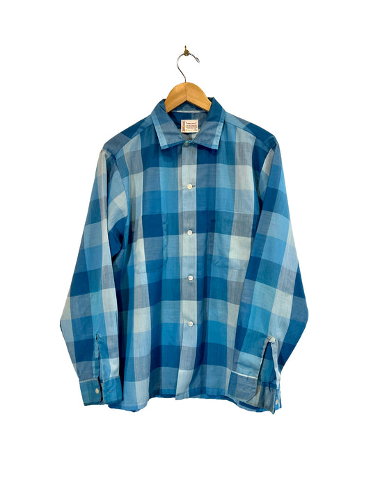 1960s Blue Tones Broad Check Cotton Weave Camp Shirt