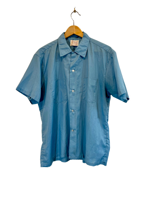 1960s Light Blue Solid Cotton Weave SS Camp Shirt