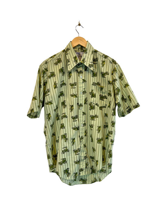 1970s Pastel Green Stripe Autos Print Leisure Shirt