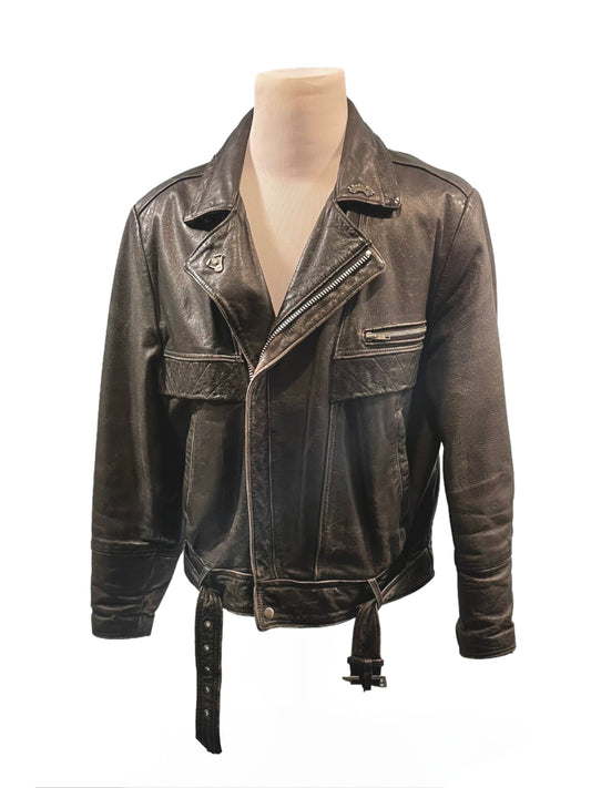 1990s Black Leather Open Road Belted Motorcycle Jacket