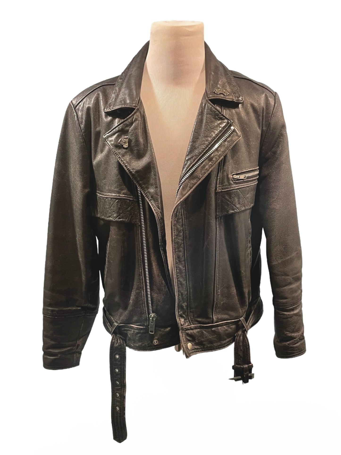 1990s Black Leather Open Road Belted Motorcycle Jacket