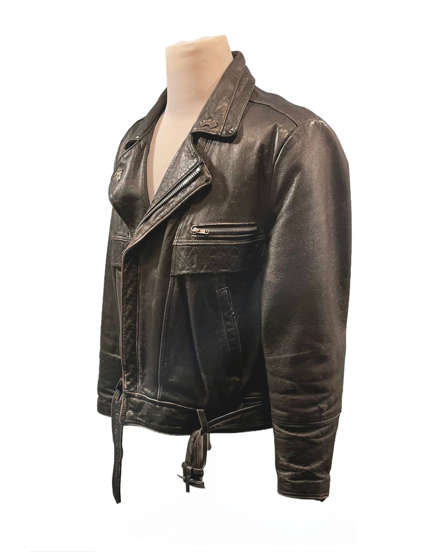 1990s Black Leather Open Road Belted Motorcycle Jacket