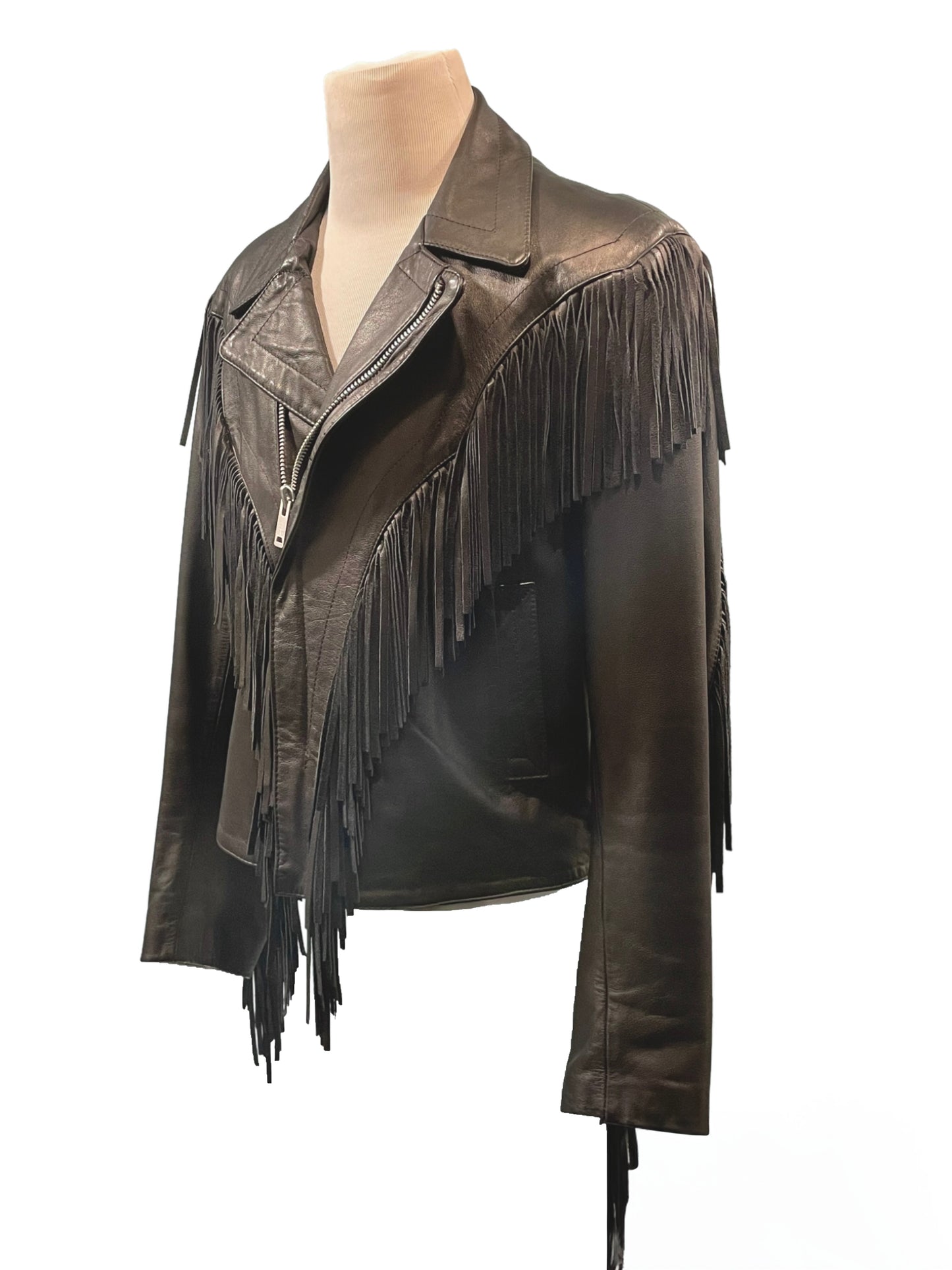 1980s Black Berman’s Leathers Shag Fringe Zip Moto Jacket