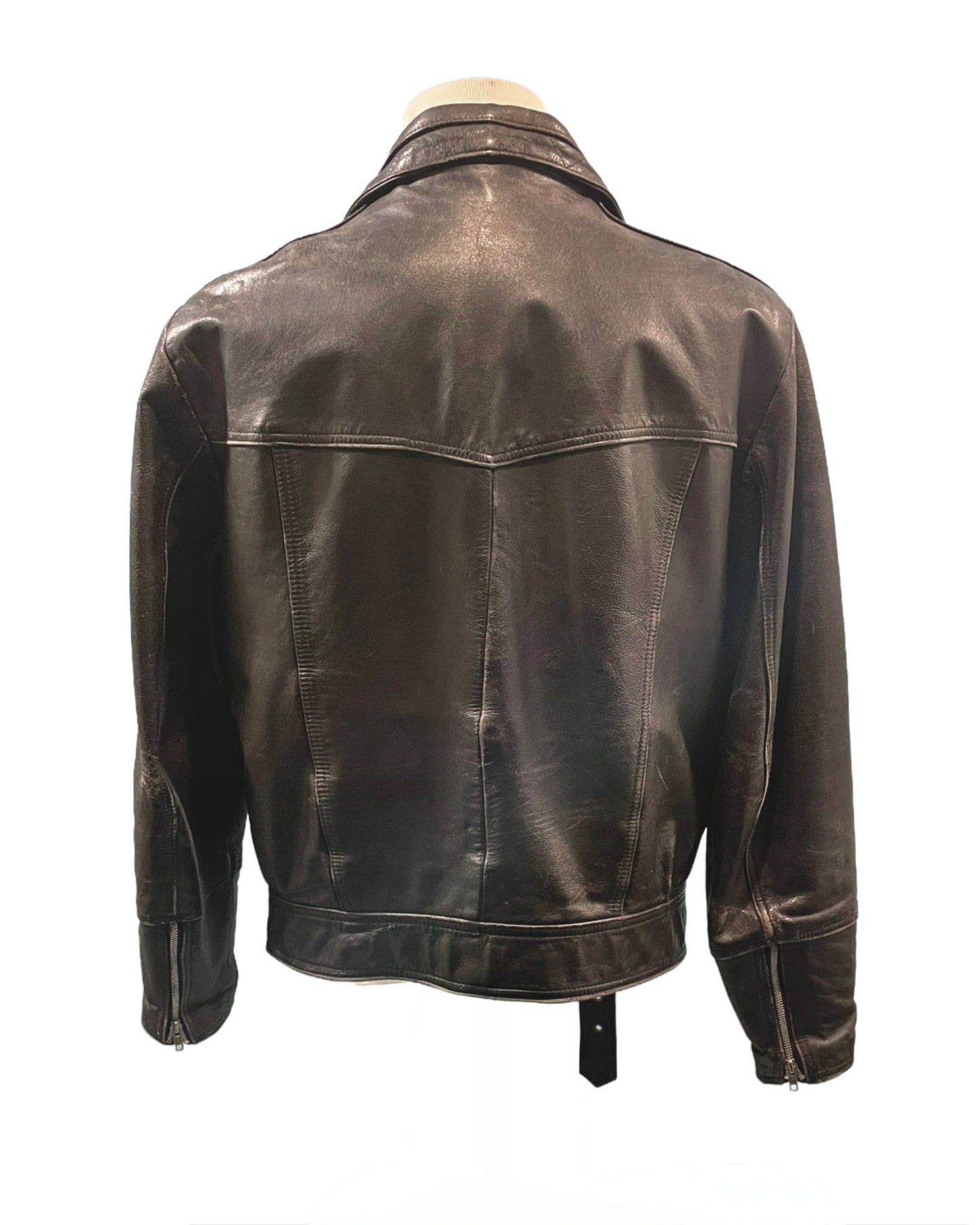 1990s Black Leather Open Road Belted Motorcycle Jacket